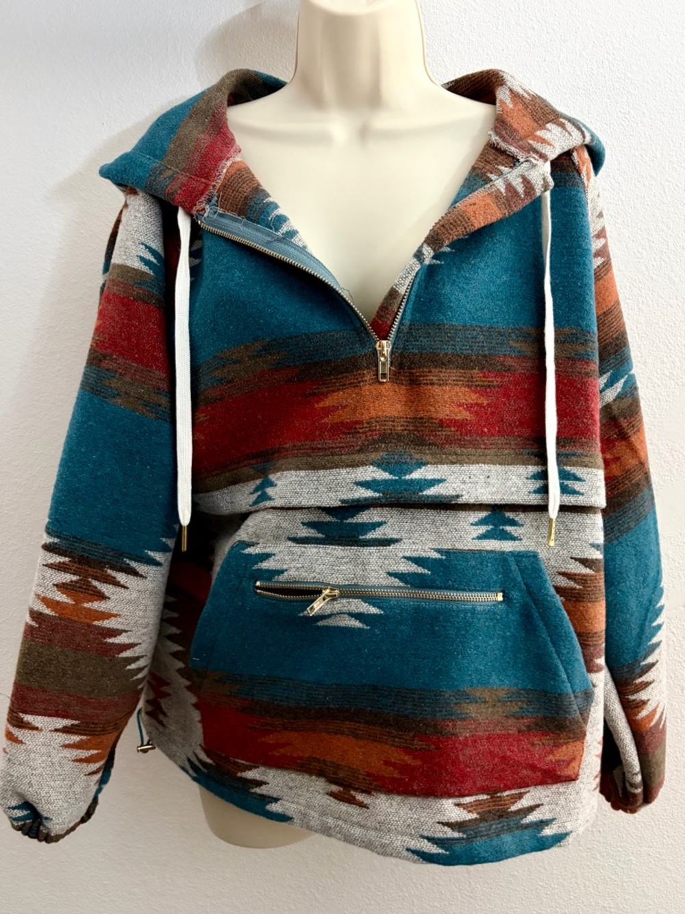 Mainstrip Aztec Southwestern Teal Half-Zip Hooded Sweater - Small - Picture 2 of 10